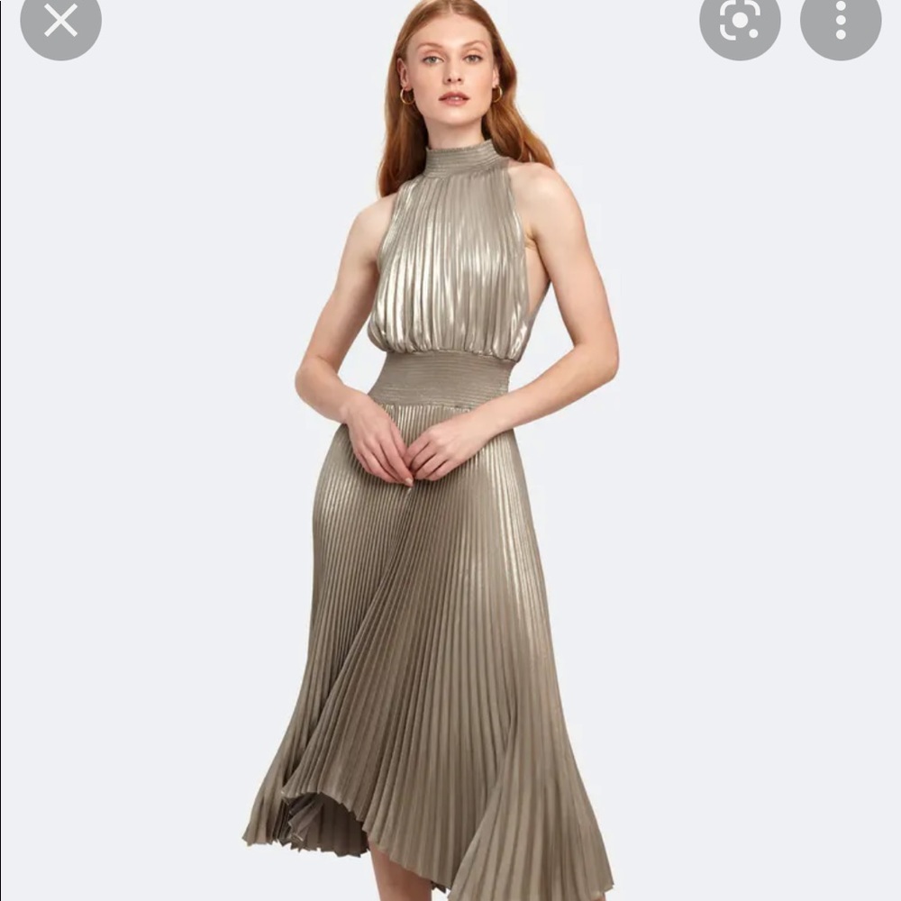 ALC Renzo Pleated Mock neck Midi Dress in antique gold